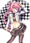  1boy alternate_costume astolfo_(fate) bangs black_bow black_legwear bow braid checkered checkered_flag cleavage_cutout crop_top epaulettes eyebrows_visible_through_hair fang fate/apocrypha fate_(series) flag glasses hair_bow hair_intakes hand_on_hip hat highres holding jacket long_hair male_focus multicolored_hair navel open_mouth otoko_no_ko pink_hair racequeen senchimee single_braid skirt smile solo streaked_hair thigh-highs violet_eyes white_background 