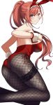  1girl animal_ears arisugawa_natsuha ass bare_shoulders black_eyes black_legwear breasts bunny_girl bunny_tail bunnysuit commentary_request fake_animal_ears fine_fabric_emphasis fishnet_legwear fishnets from_behind hairband highres idolmaster idolmaster_shiny_colors large_breasts leg_garter leotard long_hair looking_at_viewer looking_back pantyhose ponytail rabbit_ears red_leotard redhead simple_background smile solo strapless strapless_leotard sukebewe tail v-shaped_eyebrows white_background wrist_cuffs 