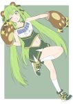  1girl :d absurdres animal_ears animare bear_ears bear_paws blush border bow cheerleader donguri_suzume dutch_angle eyebrows_visible_through_hair full_body gloves green_background green_bow green_footwear green_skirt hair_bow highres hinokuma_ran long_hair midriff navel one_eye_closed open_mouth paw_gloves paws shoes simple_background skirt smile socks solo standing standing_on_one_leg twintails very_long_hair white_border white_legwear 