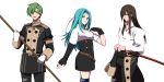  1girl 2boys abel_(fire_emblem) aqua_hair belt black_hair closed_mouth fingerless_gloves fiora_(fire_emblem) fire_emblem fire_emblem:_mystery_of_the_emblem fire_emblem:_the_blazing_blade fire_emblem:_three_houses garreg_mach_monastery_uniform gloves green_eyes green_hair highres holding long_hair long_sleeves multiple_boys navarre_(fire_emblem) open_mouth polearm scabbard sheath sheathed short_hair simple_background sword uniform weapon white_background white_gloves yusya6_fe 