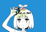  1girl bangs blue_background eyebrows_visible_through_hair highres holding holding_scissors leaf limited_palette original richard_(ri39p) scissors short_hair simple_background solo tears 