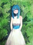  1girl arms_behind_back bare_shoulders blue_hair blush closed_mouth dress hatching_(texture) highres kms2605 light_blush long_hair original pink_eyes smile solo standing white_dress 