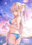  1girl anastasia_(fate/grand_order) arm_up ass bare_shoulders bikini blue_bikini blue_eyes blurry breasts bunching_hair clouds collarbone depth_of_field earrings fate/grand_order fate_(series) groin hairband highres holding jewelry kyaroru long_hair medium_breasts neck_ring outdoors parted_lips side-tie_bikini silver_hair sky solo strap_gap string_bikini swimsuit twilight very_long_hair wading water 