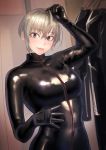  1girl blonde_hair bodysuit breasts eyebrows_visible_through_hair grey_eyes hair_between_eyes highres kilye_4421 large_breasts latex_bodysuit original skin_tight smile solo 