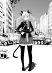  1girl blush_stickers commentary full_body greyscale ground_vehicle gun holding holding_weapon jacket maz543 military military_vehicle monochrome motor_vehicle original outdoors pleated_skirt scarf skirt solo standing tail tank thigh-highs track_jacket truck twintails weapon weapon_request 