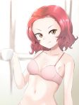  1girl bra brown_eyes commentary cup girls_und_panzer highres holding holding_cup lace lace-trimmed_bra medium_hair navel pink_bra redhead rosehip_(girls_und_panzer) solo sounata_(sounanmaru) tea teacup underwear 