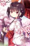  1girl bangs blurry blurry_background brown_hair cherry_blossoms commentary_request depth_of_field eyebrows_visible_through_hair flower hair_ribbon hakama highres holding holding_umbrella japanese_clothes kimono long_sleeves miko myuton oriental_umbrella original petals pink_flower red_eyes red_hakama red_umbrella ribbon short_hair solo tree tree_branch umbrella white_kimono white_ribbon wide_sleeves 