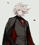  1boy black_shirt closed_mouth collared_shirt eyeshadow fate/grand_order fate_(series) grey_background grey_jacket grey_vest hair_over_one_eye jacket jacket_on_shoulders karna_(fate) long_sleeves makeup male_focus mo_(mocopo) necktie one_eye_covered pale_skin red_eyes red_neckwear shirt simple_background solo upper_body vest wing_collar 