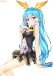  1girl absurdres bangs bare_arms bare_shoulders black_bow blue_eyes blue_hair bow breasts commentary_request hair_between_eyes hatsune_miku highres long_hair low_twintails medium_breasts rachel_bouvier simple_background smile solo twintails very_long_hair vocaloid white_background wrist_cuffs 