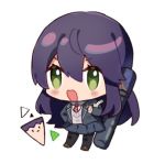  1girl bandaged_hands bandages bangs big_head black_jacket black_legwear black_skirt blazer blush_stickers brown_footwear chibi collared_shirt eyebrows_visible_through_hair full_body genderswap genderswap_(mtf) green_eyes grey_sweater hair_between_eyes jacket kenmochi_touya loafers long_hair necktie nijisanji open_blazer open_clothes open_jacket open_mouth pantyhose plaid_neckwear pleated_skirt purple_hair red_neckwear school_uniform shirt shoes simple_background skirt solo standing sweater tsumetsume_zerii v-shaped_eyebrows very_long_hair virtual_youtuber white_background white_shirt 