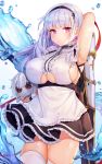  1girl arm_up armpits azur_lane bare_shoulders black_skirt blurry breasts character_doll cowboy_shot depth_of_field dido_(azur_lane) dress frilled_dress frills hairband highres holding large_breasts long_hair looking_at_viewer pink_eyes reel37891 sideboob silver_hair skirt solo sword thigh-highs underboob_cutout water weapon white_dress white_legwear zettai_ryouiki 