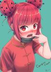  2020 absurdres china_dress chinese_clothes corona-chan coronavirus double_bun dress earrings fangs gotspinner hair_bun hair_ornament hairpin highres huge_filesize jewelry mask mouth_mask open_mouth original personification red_eyes redhead surgical_mask sweat 