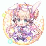  &gt;_&lt; 1girl :d animal_ears bangs black_legwear blonde_hair blue_eyes boots bunny_hair_ornament chibi crescent double_bun dress eyebrows_visible_through_hair flower full_body fur-trimmed_boots fur-trimmed_dress fur-trimmed_gloves fur_trim gloves hair_between_eyes hair_flower hair_ornament highres kagami_mochi long_sleeves looking_at_viewer low_twintails on_head open_mouth outstretched_arms pink_dress pink_flower rabbit_ears rukako shironeko_project smile solo spread_arms star thigh-highs translation_request tsukimi_(shironeko_project) twintails white_background white_footwear white_gloves wide_sleeves 
