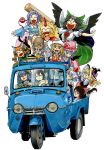  6+girls driving flandre_scarlet ground_vehicle hakurei_reimu highres hoshiguma_yuugi inubashiri_momiji kaenbyou_rin kawashiro_nitori kirisame_marisa komeiji_koishi komeiji_satori mizuhashi_parsee motor_vehicle multiple_girls munakata_(sekimizu_kazuki) reiuji_utsuho remilia_scarlet shameimaru_aya tagme touhou truck white_background 