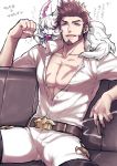  1boy abs alternate_costume beard belt blue_eyes boots brown_hair chest cigar creature facial_hair fate/grand_order fate_(series) fist_bump fou_(fate/grand_order) highres long_sleeves napoleon_bonaparte_(fate/grand_order) open_clothes open_shirt pectorals scar simple_background sitting smoking solo takatsuki_ichi thighs translation_request upper_body 