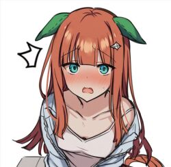  1girl :o ^^^ animal_ears bare_shoulders blunt_ends blush breasts camisole cardigan casual collarbone drawstring embarrassed furrowed_brow green_eyes grey_cardigan horse_ears horse_girl horse_tail jacket long_hair looking_at_viewer medium_breasts off_shoulder open_cardigan open_clothes orange_hair orange_tail parted_lips silence_suzuka_(umamusume) simple_background solo sweat sweatdrop tail uma_dacchi_ex umamusume white_background white_camisole 