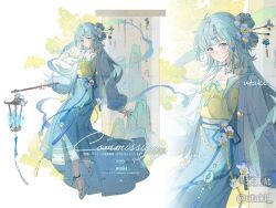  1girl absurdres beizi_(clothing) blue_hair chinese_clothes english_text flower green_hair grey_eyes hair_flower hair_ornament hanfu high_heels highres holding jade_(gemstone) jewelry lantern long_hair long_sleeves looking_at_viewer mihuashi_username mixed-language_text multiple_views original shuangyaji skirt smile solo tassel utaki_(weibo_5352293731) yaopei 