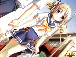  blush brown_eyes brown_hair dutch_angle groceries nekomiya_nono school_uniform shopping side_ponytail thigh-highs thighhighs yotsunoha zettai_ryouiki 