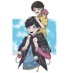  2boys aged_down black_eyes black_hair black_shorts blue_eyes carrying child commentary_request hands_on_another's_head heterochromia highres holding_another's_leg hoshi_no_shizuku houjou_emu jewelry kamen_rider kamen_rider_ex-aid_(series) looking_at_another looking_at_viewer male_focus multiple_boys necklace open_mouth parad red_eyes shirt short_hair short_sleeves shorts shoulder_carry smile t-shirt teeth twitter_username watermark yellow_shirt 