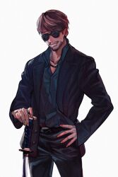 1boy anthonykaen beard_stubble belt black-framed_eyewear black_belt black_hair black_jacket black_pants black_shirt collared_shirt cowboy_shot facial_hair hand_on_hilt hand_on_own_hip jacket katana kojima_hideo long_sleeves male_focus mustache_stubble open_clothes open_collar open_jacket pants parted_lips planted planted_sword real_life shirt short_hair simple_background smile solo standing stubble sunglasses swept_bangs sword tinted_eyewear weapon white_background 