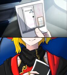  1girl blonde_hair breasts highres holding holding_photo hololive hololive_indonesia kaela_kovalskia long_hair photo_(object) polaroid_photo shadowsky_exe smile solo virtual_youtuber 