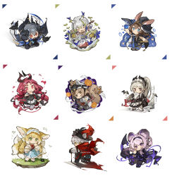  2boys 6+girls :d amiya_(arknights) animal animal_ear_fluff animal_ears apple arknights black_cat black_hat black_horns blonde_hair blue_eyes brown_eyes brown_hair cat cat_boy cat_ears character_name chibi chibi_only closed_eyes closed_mouth double-parted_bangs ears_through_headwear food fox_ears fox_girl fox_tail fruit full_body green_eyes green_hair grey_eyes grey_hair hair_between_eyes hat head_wings highres holding holding_food holding_fruit horns irene_(arknights) kitsune lin_(arknights) logos_(arknights) long_hair mouse_ears mouse_girl multicolored_hair multiple_boys multiple_girls multiple_tails nymph_(arknights) open_mouth parted_bangs phantom_(arknights) pink_eyes pink_hair pointy_ears ponytail rabbit_ears rabbit_girl red_eyes red_hair shaw_(arknights) short_hair shu_(arknights) simple_background smile standing streaked_hair suzuran_(arknights) tail two-tone_hair white_background white_hair white_hat wings zeriko 