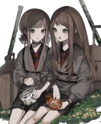  2girls :t bag bag_of_chips black_choker black_nails black_ribbon black_shirt black_skirt brown_eyes brown_hair cardigan chips_(food) choker closed_mouth collared_shirt commentary_request double_bun dress_shirt eating es-ther feet_out_of_frame fingernails food grass grey_cardigan hair_bun hair_ribbon holding holding_bag locked_arms long_hair long_sleeves looking_at_another multiple_girls necktie on_ground open_mouth original puffy_long_sleeves puffy_sleeves red_necktie ribbon shirt short_hair_with_long_locks sidelocks sitting skirt suitcase watch watch white_background 