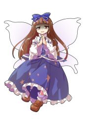  1girl alphes_(style) blue_bow blue_ribbon blue_shirt blue_skirt blunt_bangs bow brown_eyes brown_hair brown_shoes commentary_request commission dairi fairy fairy_wings frilled_bow frilled_skirt frills full_body hair_bow half-closed_eyes juliet_sleeves large_variant_set loafers long_hair long_skirt long_sleeves looking_at_viewer own_hands_together parody puffy_sleeves ribbon shaded_face shirt shoes simple_background skeb_commission skirt skirt_set solo star_sapphire straight_hair style_parody tachi-e touhou transparent_background variant_set wide_sleeves wings 