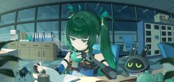  1girl dark_green_hair drinking long_hair office qingyi_(zenless_zone_zero) zenless_zone_zero 