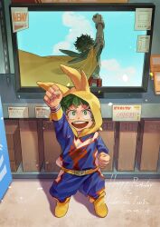 2boys age_comparison all_might all_might_(cosplay) belt belt_pouch birthday blue_pants blue_shirt blue_sky boku_no_hero_academia book boots box cape cardboard_box character_name clenched_hands clouds cosplay dual_persona elbow_gauntlets english_text facing_away facing_viewer falling_petals floating_cape freckles frown gauntlets green_eyes green_hair green_hood green_shirt hand_up happy_birthday highres hood hood_down hood_up hooded_shirt horned_hood horns long_sleeves looking_up male_focus messy_hair midoriya_izuku multiple_boys nebikkurishita open_mouth pants paper petals pouch price price_tag red_belt shirt short_hair single_gauntlet sky smile striped_clothes striped_pants striped_shirt superhero_costume television vertical-striped_clothes vertical-striped_shirt white_petals wrist_cuffs yellow_belt yellow_boots yellow_cape yellow_hood yellow_wrist_cuffs 