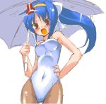  bare_shoulders blue_hair leotard long_hair lowres pantyhose paopao ponytail race_queen racequeen umbrella 