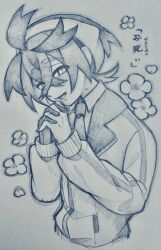  1boy ahoge blueberry_academy_school_uniform commentary_request crossed_bangs eyes_visible_through_hair flower gloves graphite_(medium) greyscale hair_between_eyes interlocked_fingers kieran_(pokemon) kyouka._(kyouka) long_sleeves looking_at_viewer male_focus mole mole_on_neck monochrome open_mouth own_hands_clasped own_hands_together palms_together pokemon pokemon_sv raised_inner_eyebrows school_uniform short_hair single_glove smile solo squinting traditional_media translation_request upper_body 