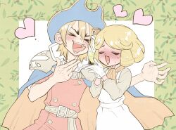  >_< 1boy 1other armor ascot belt blonde_hair blue_cape blue_hat blush brown_shirt cape closed_eyes commentary_request cup dr._stone dress francois_(dr._stone) gloves hat heart highres holding holding_cup jacket long_sleeves nanami_ryuusui ninomae_gin open_mouth pirate pirate_hat red_jacket shirt short_hair shoulder_armor signature simple_background smile tongue twitter_username white_dress white_gloves 
