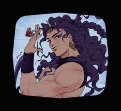  1boy arm_blade arm_up battle_tendency blue_eyeshadow commentary earrings english_commentary eyeshadow headband highres holding holding_jewelry holding_necklace horns jewelry jojo_no_kimyou_na_bouken kars_(jojo) looking_at_viewer makeup male_focus muscular muscular_male necklace noquelle_art purple_hair red_eyes red_stone_of_aja solo topless_male wavy_hair weapon wristband 