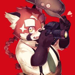  1boy batten_xxxx braid camera digital_camera fang furry furry_male hashtag-only_commentary hat holding holding_camera holding_unworn_clothes holding_unworn_hat male_focus necktie red_background red_necktie red_panda_boy shirt simple_background suspenders tokyo_afterschool_summoners unworn_hat unworn_headwear upper_body white_shirt yellow_eyes zhurong_(housamo) 