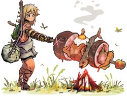  1boy absurdres apple blonde_hair blue_eyes body_markings bow_(weapon) campfire carrot commentary_request cooking egg_(food) fish_(food) food fruit grass highres holding holding_skewer link male_focus meat ogidoge roasting simple_background skewer standing the_legend_of_zelda the_legend_of_zelda:_tears_of_the_kingdom weapon weapon_on_back white_background 