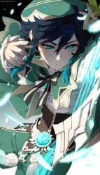  1boy absurdres anemo_symbol_(genshin_impact) black_hair blue_hair braid cape collared_cape commentary flower genshin_impact gradient_hair green_cape green_eyes green_hat green_shorts hat hat_flower highres kiamonoii male_focus multicolored_hair short_hair_with_long_locks shorts side_braids solo twin_braids venti_(genshin_impact) vision_(genshin_impact) white_flower 