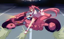  1girl absurdres akira_(manga) akira_slide animal_ears bandaid bandaid_on_leg blush bow buruma character_sticker commentary drifting ear_bow ear_covers flower-shaped_pupils flower_in_eye gloves hairband haru_urara_(bestest_prize)_(umamusume) haru_urara_(umamusume) headband highres hinghoi horse_ears horse_girl horse_tail jacket kaneda_shoutarou's_bike long_hair looking_at_viewer mayano_top_gun_(scramble_zone)_(umamusume) mayano_top_gun_(umamusume) motor_vehicle motorcycle on_motorcycle open_mouth pink_buruma pink_eyes pink_hair pink_headband ponytail red_buruma red_gloves red_headband shirt smile solo sticker symbol-only_commentary symbol-shaped_pupils symbol_in_eye tail umamusume umapyoi_(phrase) 