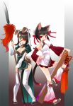  black_hair cat_ears cat_tail china_dress chinadress chinese_clothes closed_fan dog_ears dog_tail eyepatch fan folding_fan original oversized_object polearm ribbon ribbons short_hair spear tail thighhighs weapon yzy 