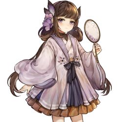  1girl absurdres bad_source beizi_(clothing) brown_hair chinese_clothes closed_mouth cowboy_shot flower hair_flower hair_ornament hair_rings hand_fan hanfu highres holding jiaoling_ruqun long_hair long_sleeves looking_at_viewer simple_background skirt solo standing very_long_hair violet_eyes white_background wide_sleeves xianxiang_xiaomeng xianxiang_xiaoqianjin 