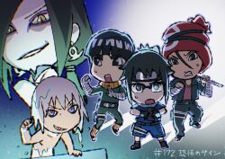  5boys aqua_eyes black_eyes black_gloves black_hair black_jacket blue_eyes boruto:_naruto_next_generations bowl_cut chibi clenched_teeth commentary_request earrings fighting_stance glasses gloves grin hashtag hat highres hoozuki_suigetsu jacket jewelry kaminarimon_denki konohagakure_symbol male_focus metal_lee multiple_boys naruto_(series) nude o_hqfu orochimaru_(naruto) over-rim_eyewear ponytail red_hat scene_reference semi-rimless_eyewear sharp_teeth slit_pupils smile sweatdrop teeth translation_request wet white_hair yellow_eyes yuino_iwabee 