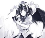  black_wings bowtie dress_shirt hat looking_at_viewer monochrome notebook pencil shameimaru_aya shirt smile solo tokin_hat touhou wings 