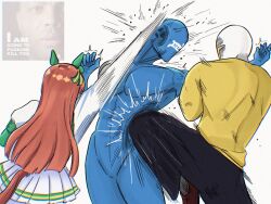  1girl animal_ears attack black_pants charles_barkley commentary ear_covers english_commentary highres horse_ears horse_girl horse_tail johnholl0w jujutsu_kaisen kneeing long_hair long_sleeves meme orange_hair pants peta_(organization) pleated_skirt punching shirt silence_suzuka_(innocent_silence)_(umamusume) silence_suzuka_(umamusume) skirt t-head_trainer_(umamusume) tail trainer_(umamusume) umamusume white_shirt white_skirt yellow_shirt 