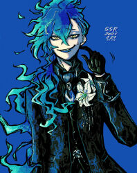 1boy absurdres arm_at_side ascot asymmetrical_bangs bags_under_eyes black_gloves black_jacket black_shirt black_vest blue_ascot blue_background blue_eyeshadow blue_hair blue_lips check_flower commentary_request corsage crossed_bangs dated eyeshadow fiery_hair finger_to_cheek flower flower_request ghost_marriage_(twisted_wonderland) gloves grin hair_behind_ear hair_between_eyes hair_over_shoulder hand_up high_collar highres idia_shroud idia_shroud_(suitor_suit) jacket lily_(flower) long_hair long_hair_between_eyes long_sleeves looking_at_viewer makeup male_focus motion_lines pale_skin pokoppe raised_inner_eyebrows sharp_teeth shirt short_eyebrows simple_background skull_print small_sweatdrop smile solo suit teeth twisted_wonderland upper_body very_long_hair vest waistcoat wavy_hair white_flower wingtip_collar yellow_eyes 