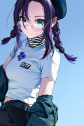  1girl blue_background blue_eyes braid censored closed_mouth clothes_writing commentary cowboy_shot forehead glasses hair_over_one_eye highres looking_over_eyewear medium_hair minj_kim mosaic_censoring original print_shirt purple_hair shirt short_sleeves solo symbol-only_commentary t-shirt twin_braids white_shirt 