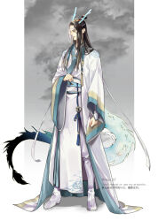  1boy black_hair blue_gemstone blue_sash boots chinese_clothes closed_mouth commentary_request dragon_boy dragon_horns dragon_tail eastern_dragon_horns eastern_dragon_tail full_body gem grey_background hanfu headband highres horns jewelry kemonomimi_mode lan_wangji long_hair long_sleeves looking_to_the_side male_focus modao_zushi pants pointy_ears robe sash scales sidelocks solo standing tail tassel topknot twitter_username watermark white_boots white_hanfu white_headband white_pants white_sash wide_sleeves xiao_guan_(headdress) yaopei yellow_eyes ykmr_(haga) 