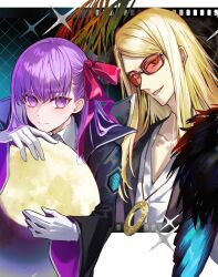  1boy 1girl bb_(fate) bb_(fate/extra) black_coat black_jacket blonde_hair coat collared_shirt commentary_request fate/grand_order fate_(series) film_strip gloves grin hair_ribbon highres jacket jewelry long_hair long_sleeves looking_at_viewer moon neck_ribbon necklace open_clothes open_coat popped_collar poppoman purple_hair red_ribbon ribbon shirt smile sunglasses tezcatlipoca_(fate) tezcatlipoca_(first_ascension)_(fate) very_long_hair violet_eyes white_gloves white_shirt wide_sleeves 