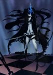  black_hair black_rock_shooter black_rock_shooter_(character) blue_eyes blue_flame chain chains highres isan midriff monster_girl navel solo swimsuit sword twintails weapon 
