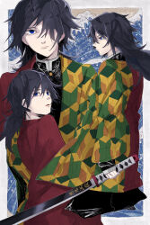  1boy black_hair blue_eyes border closed_mouth commentary_request expressionless hair_over_one_eye highres katana kimetsu_no_yaiba long_hair long_sleeves male_focus parted_lips sword sword_writing tokoame tomioka_giyuu waves weapon 