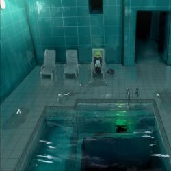 1girl backrooms_(creepypasta) black_shoes blue_archive chair commentary demon_tail dream_pool green_hair green_halo halo hat highres hugging_own_legs indoors liminal_space long_hair lounge_chair medama_soft nozomi_(blue_archive) on_chair pantyhose pool pool_ladder sad shoes solo tail tile_floor tile_wall tiles twintails unworn_hat unworn_headwear water white_pantyhose wide_shot yellow_eyes 